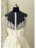 Sheer Neckline Ivory Lace Tulle Tea Length Elegant Wedding Dress